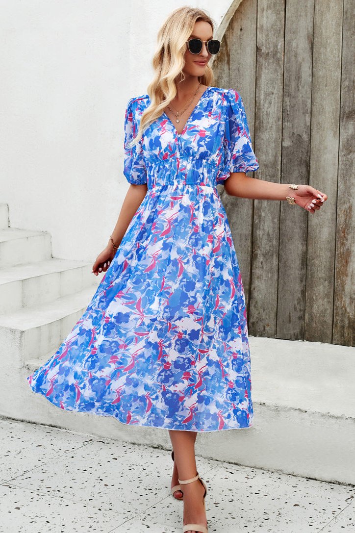 Blue Casual Floral V-Neck Puff Sleeve Midi Dress