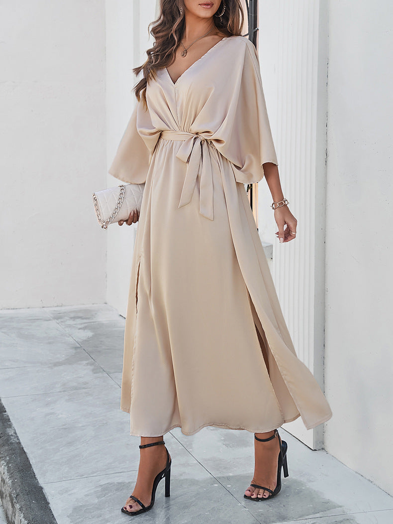 Apricot Elegant V-Neck Temperament Loose Dress