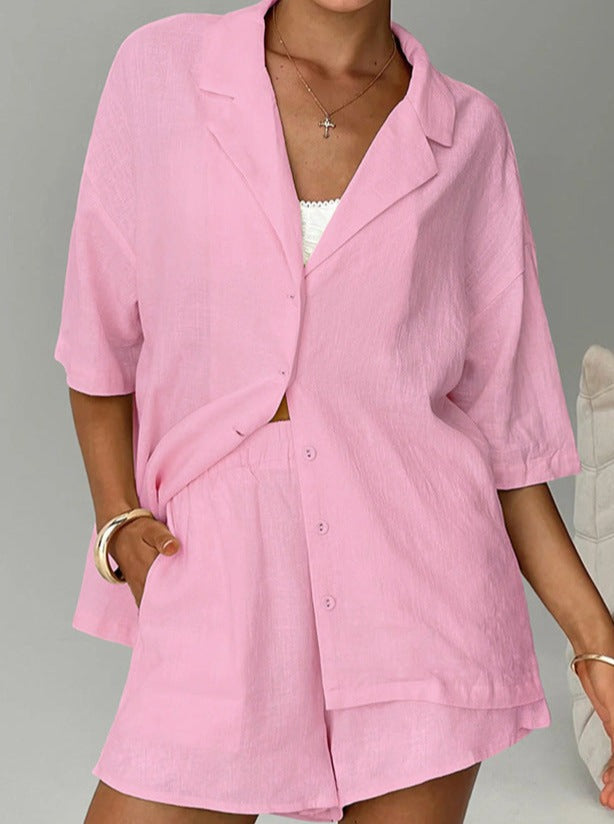 Collared Pastel Colored Button Down Shirt and Shorts Set