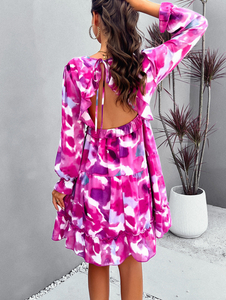 Purple Temperament Floral Printed V-Neck Long-Sleeved Dress