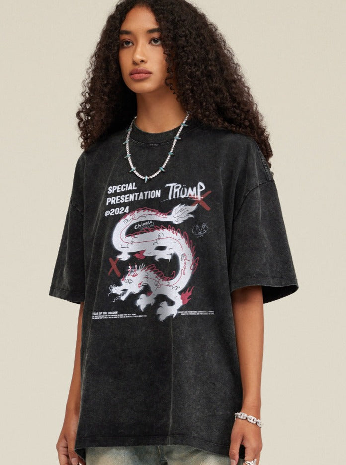 Schwarzes, lockeres Freizeithemd mit Drachen-Print 