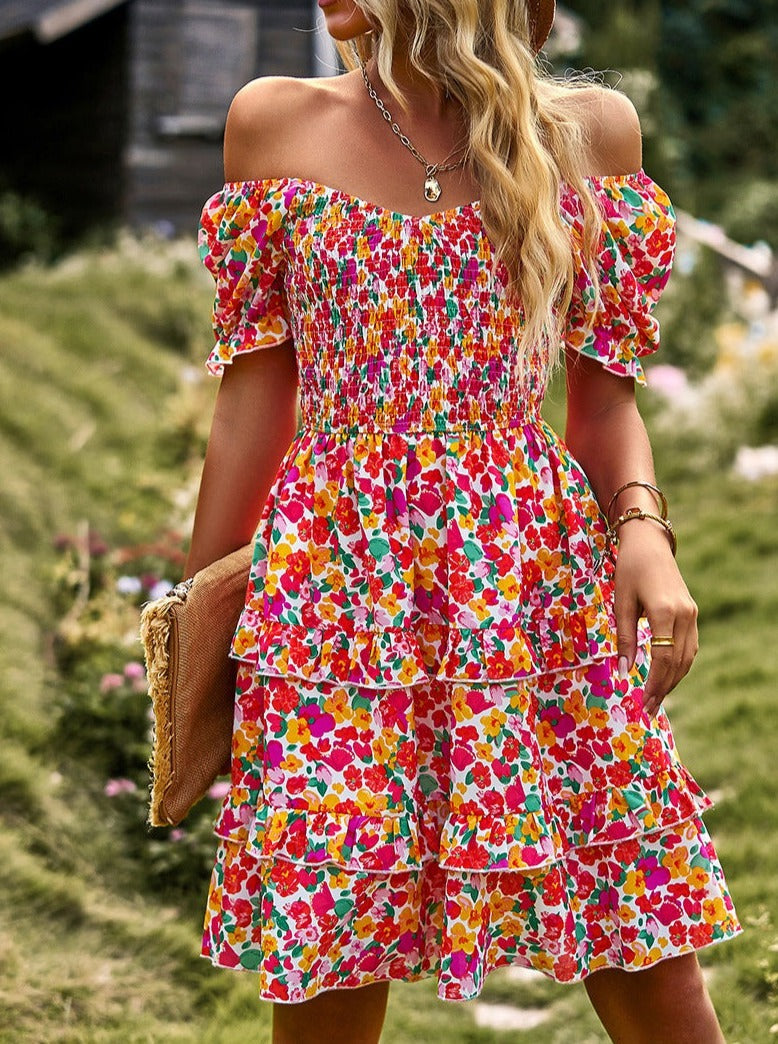 Pink V-Neck Off Shoulder Floral Printed Cake Skirt Dress