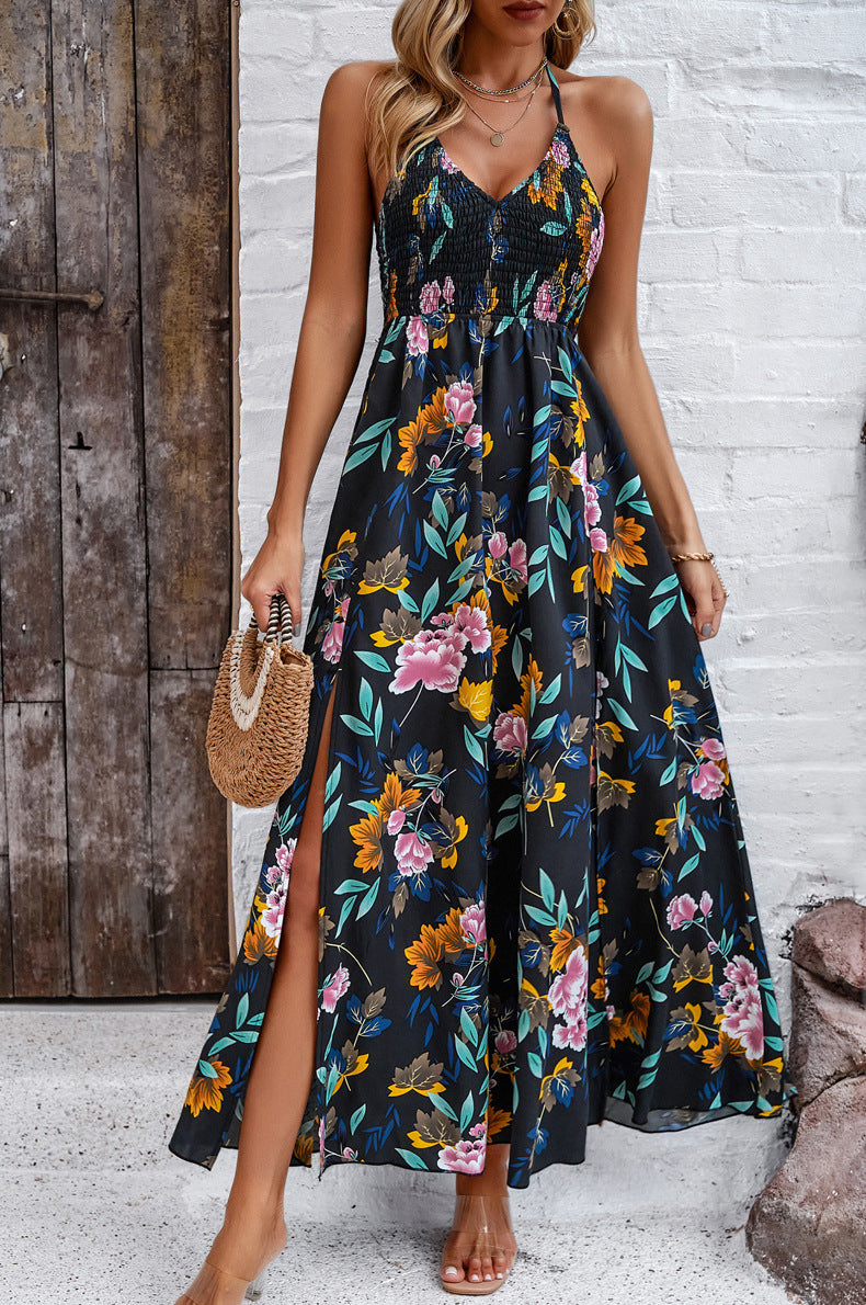 V-Neck Tie Back Printed Long Dress