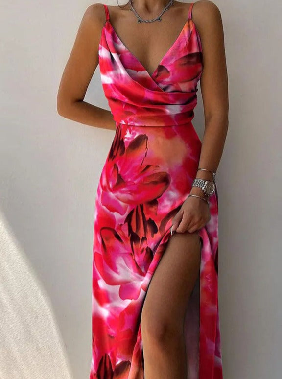 Women's Sleeveless V-Neck A-Line Sexy Slit Dress