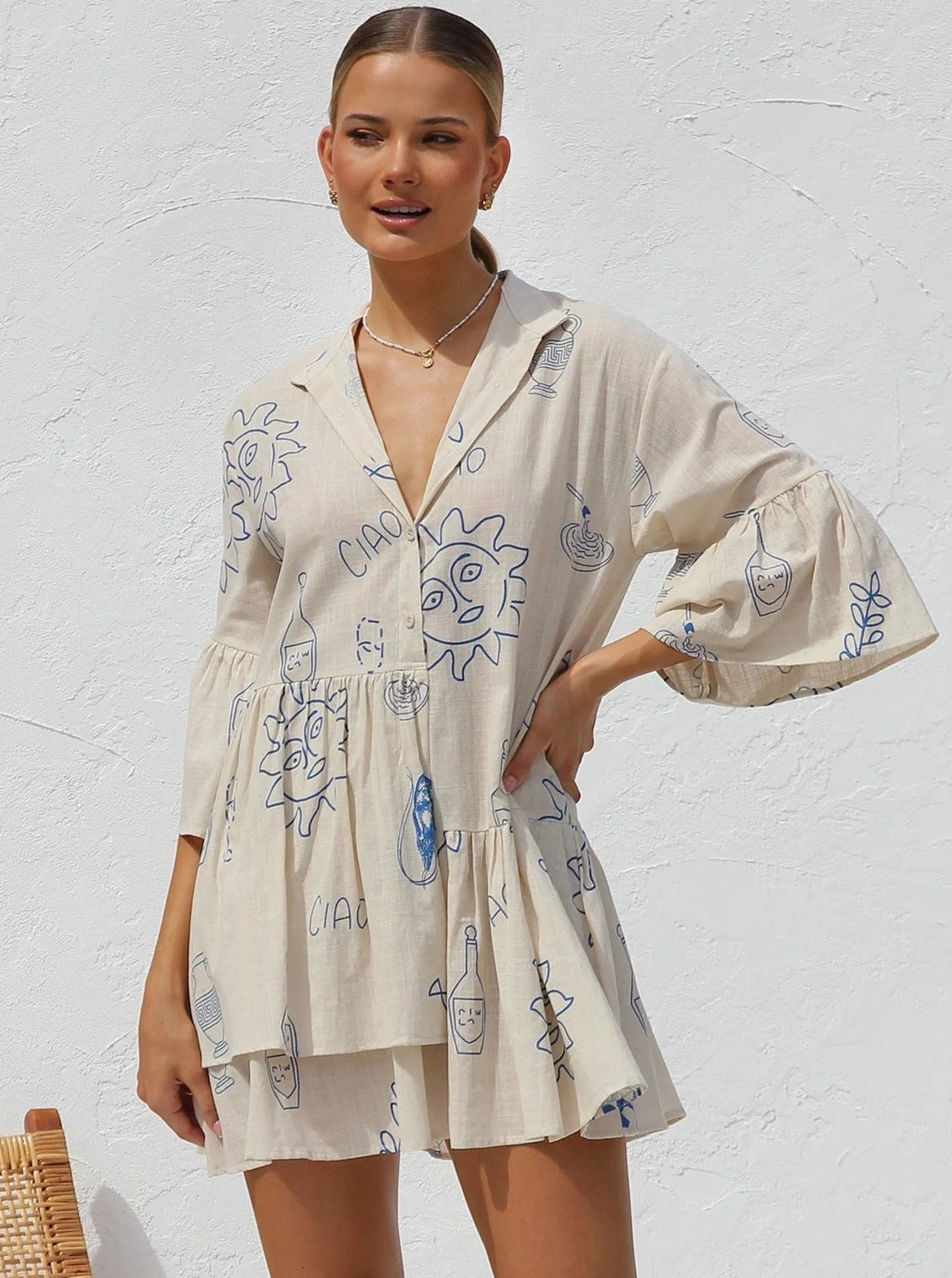 Simple White Ethnic Style Loose Shirt Short Dress