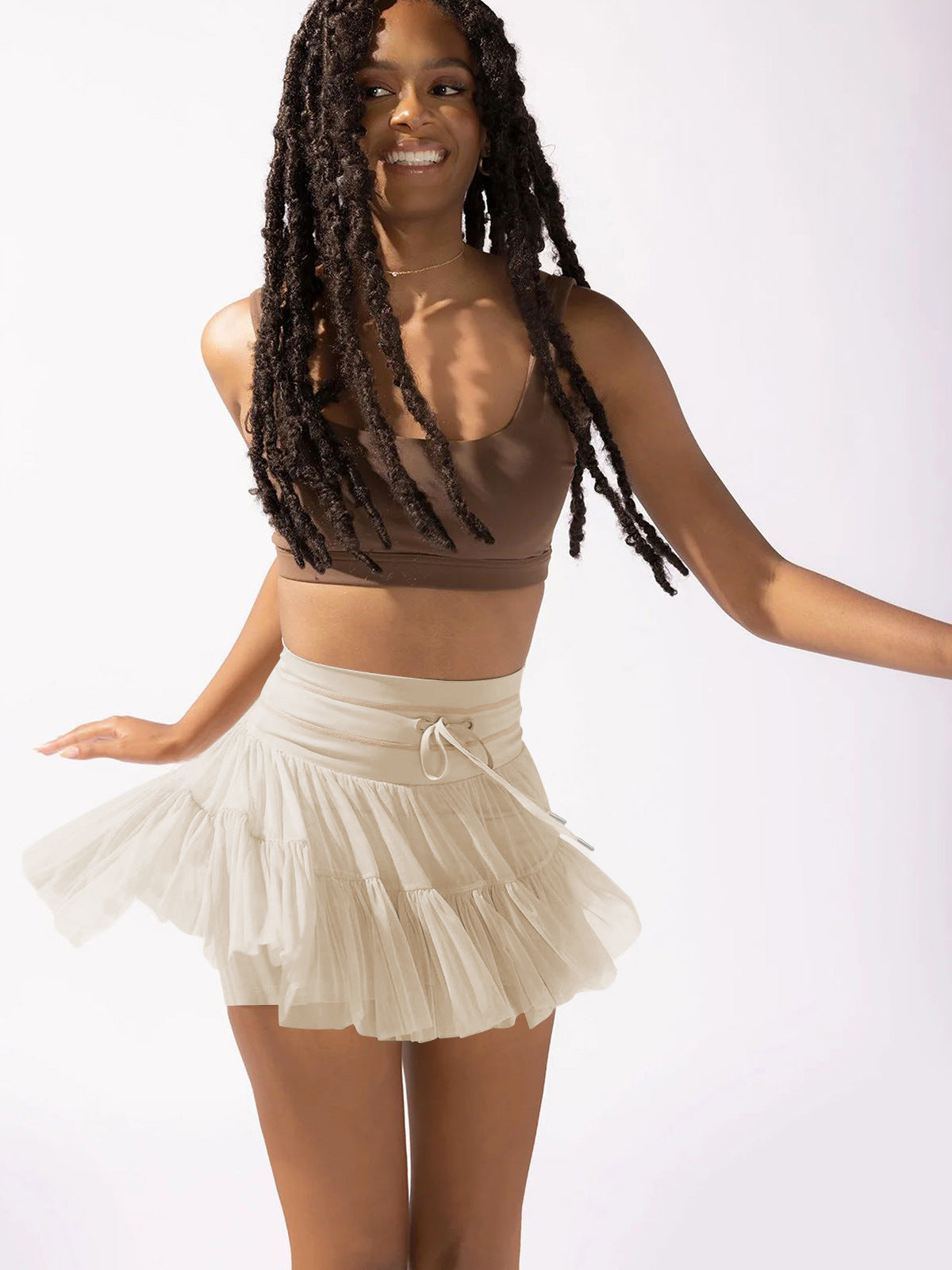 White and Brown High Waist Drawstring Pleated Skirt