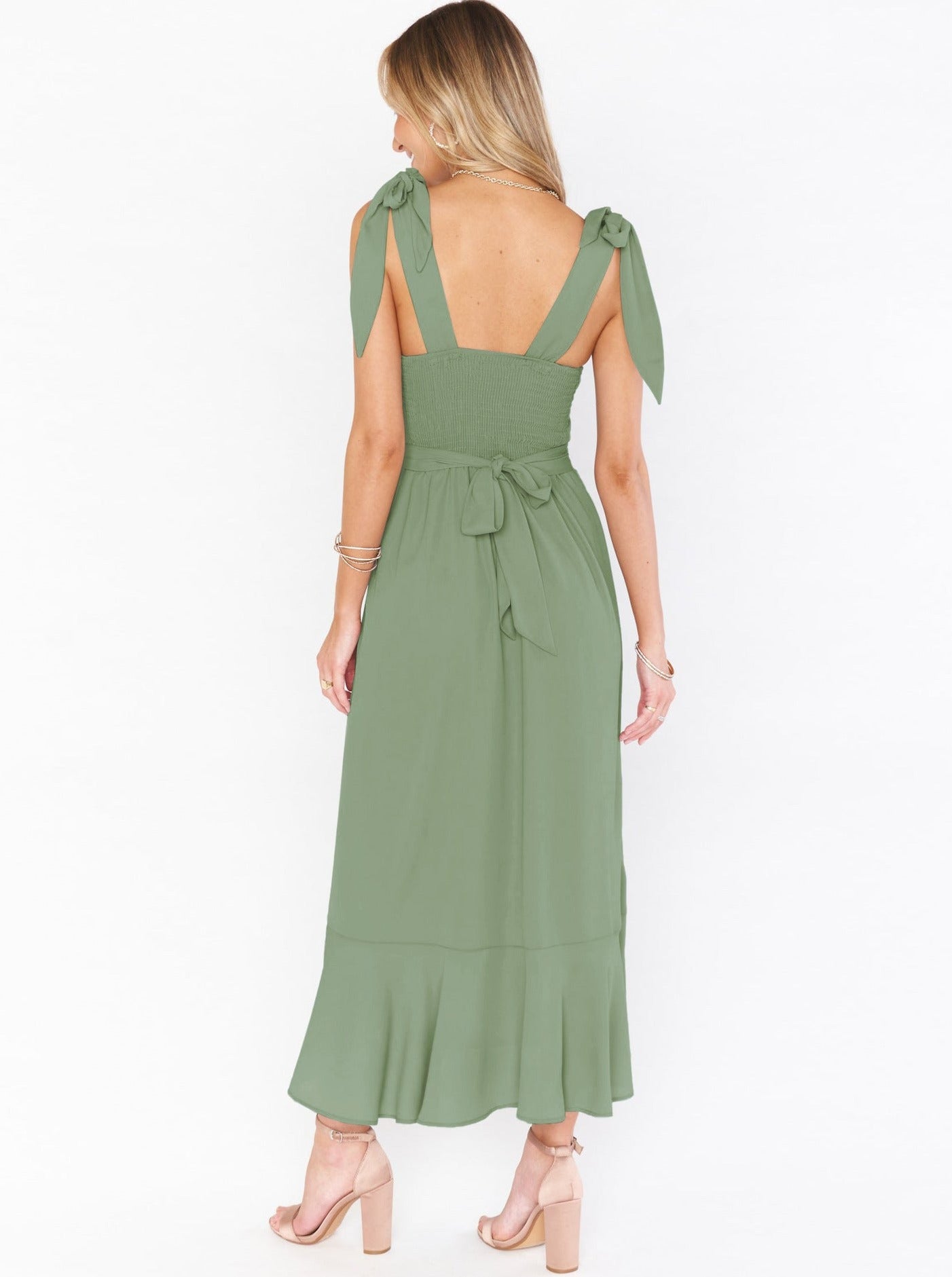 Green High-End Square Neck Sleeveless Slit Dress