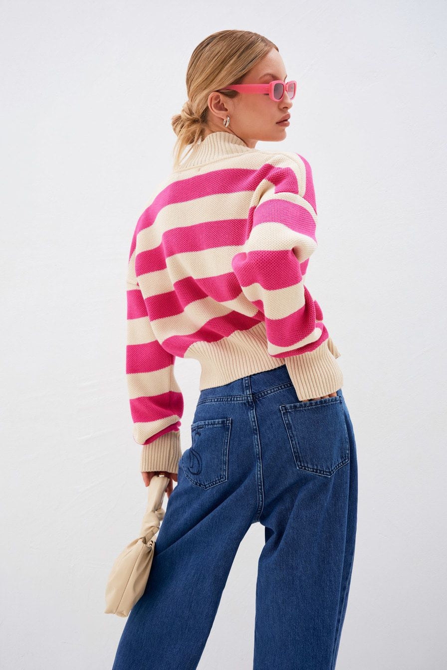 Red Deep V-Neck Striped Knitted Sweater