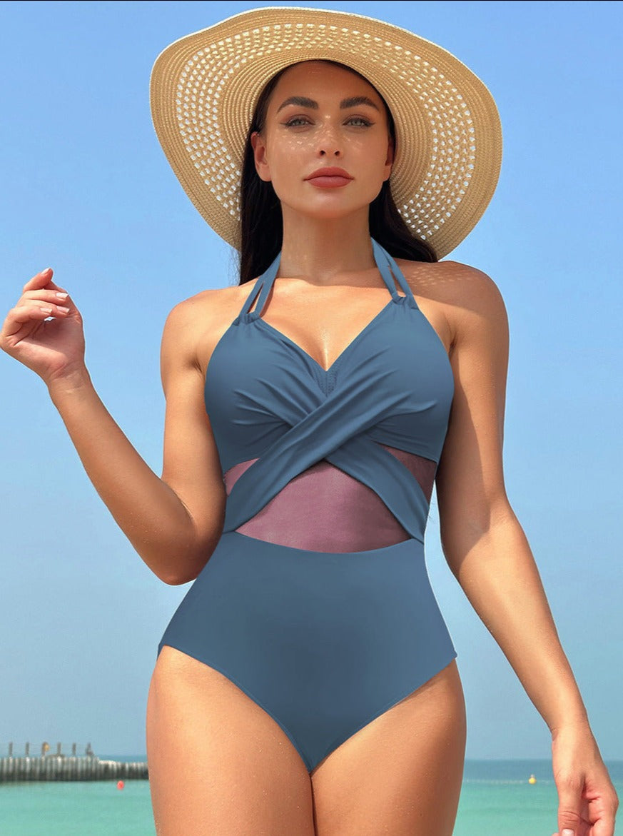 Sexy Strand-Badeanzug mit Netzstoff und Kreuzmuster 