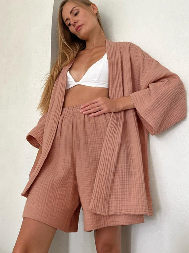 Two Piece Set Home Wear Loose Cardigan and Shorts