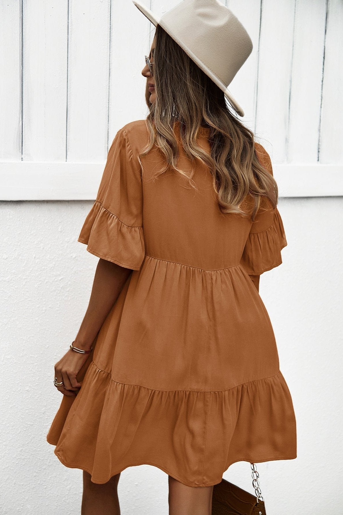 Brown Sexy Frill V-Neck Drawstring Tie Smock Dress