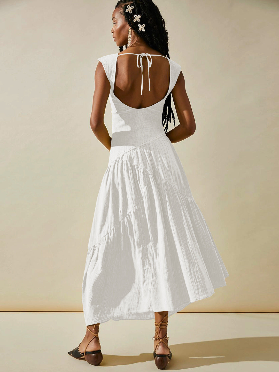 White Square Neck Pleated Sleeveless Waist Dress