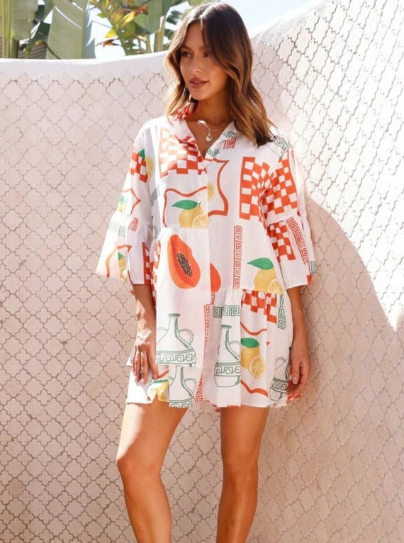 Simple Orange Ethnic Style Loose Shirt Short Dress