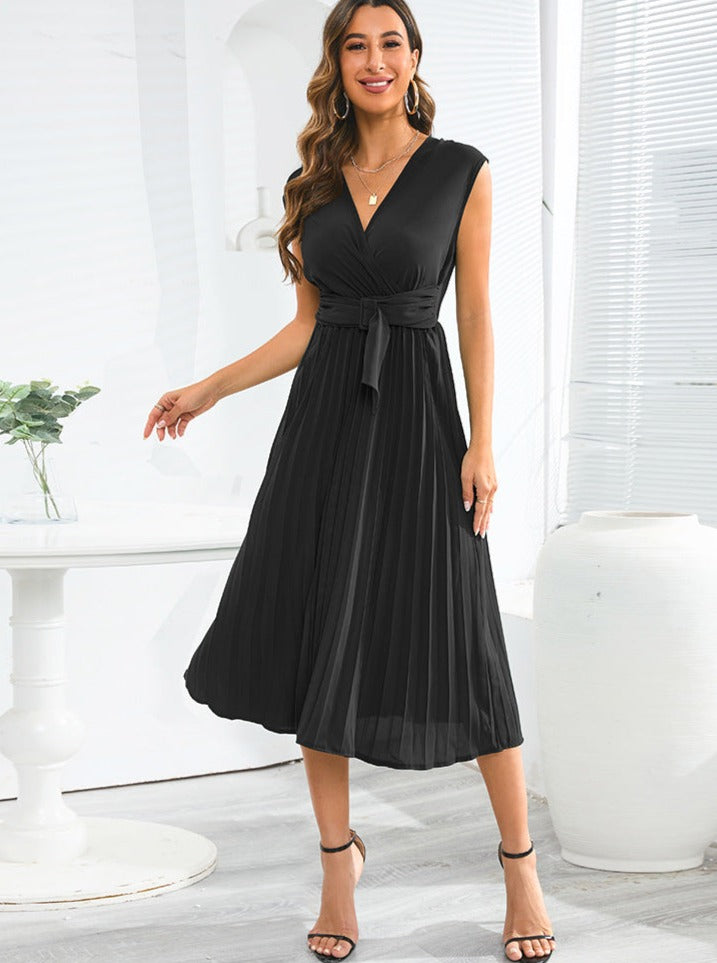 Summer Sleeveless V-Neck Slim Pleated Dress