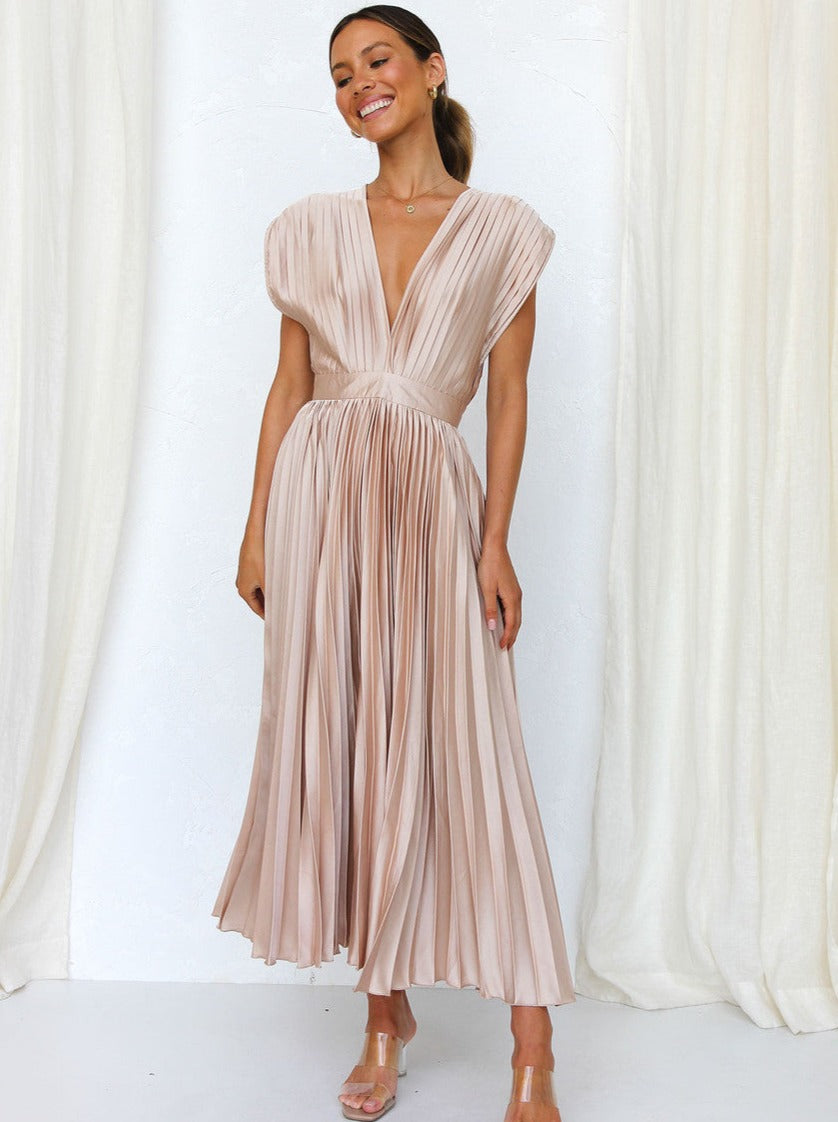 Pink Casual V-Neck Pleated Dress