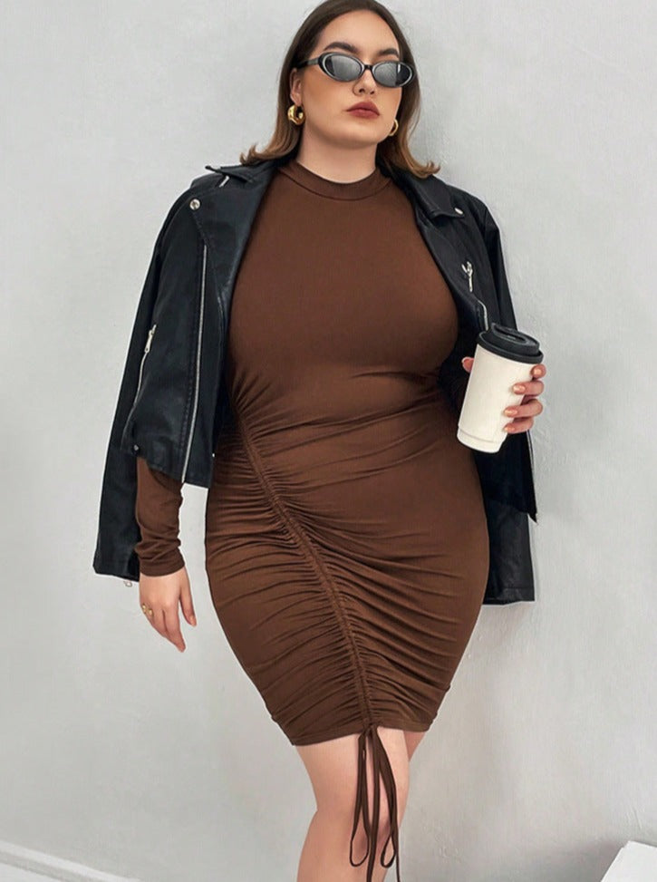 Brown Sexy Plus Size Long Sleeve Slimming Waist Hip Dress