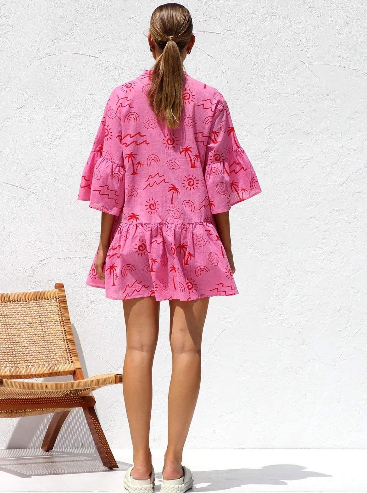 Simple Pink Ethnic Style Loose Shirt Short Dress