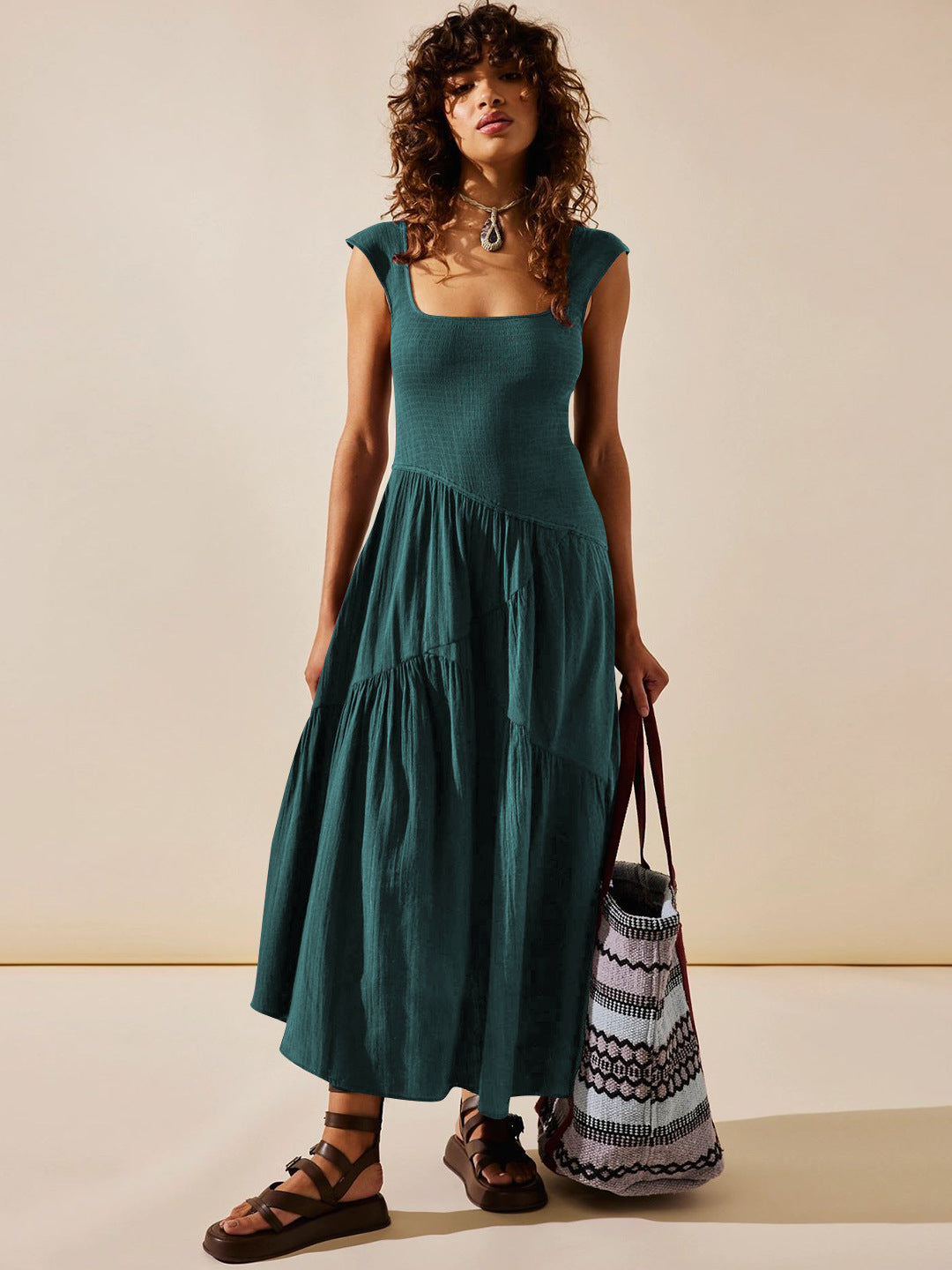 Teal Square Neck Pleated Sleeveless Waist Dress