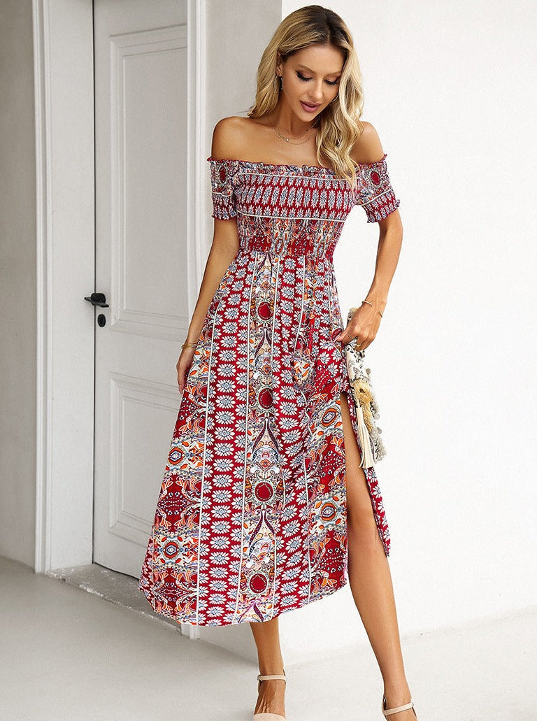 Red Off Shoulder Bohemian Printed Dress