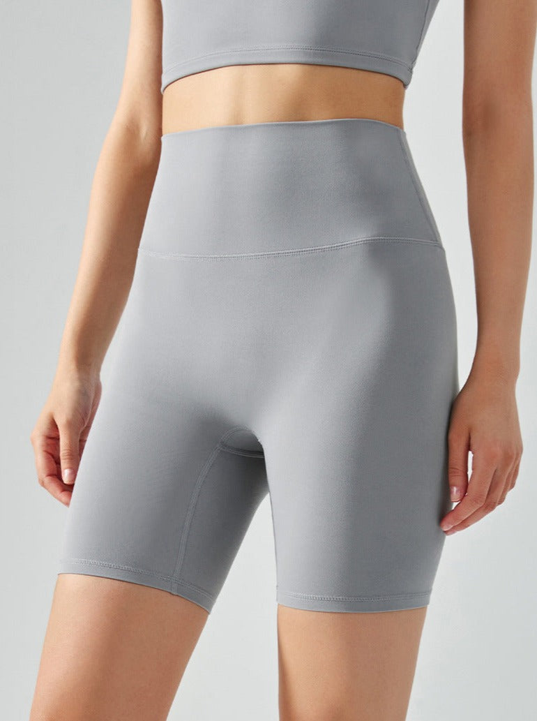 Graue Yoga-Shorts mit hoher Taille und elastischer, nahtloser Fitness 