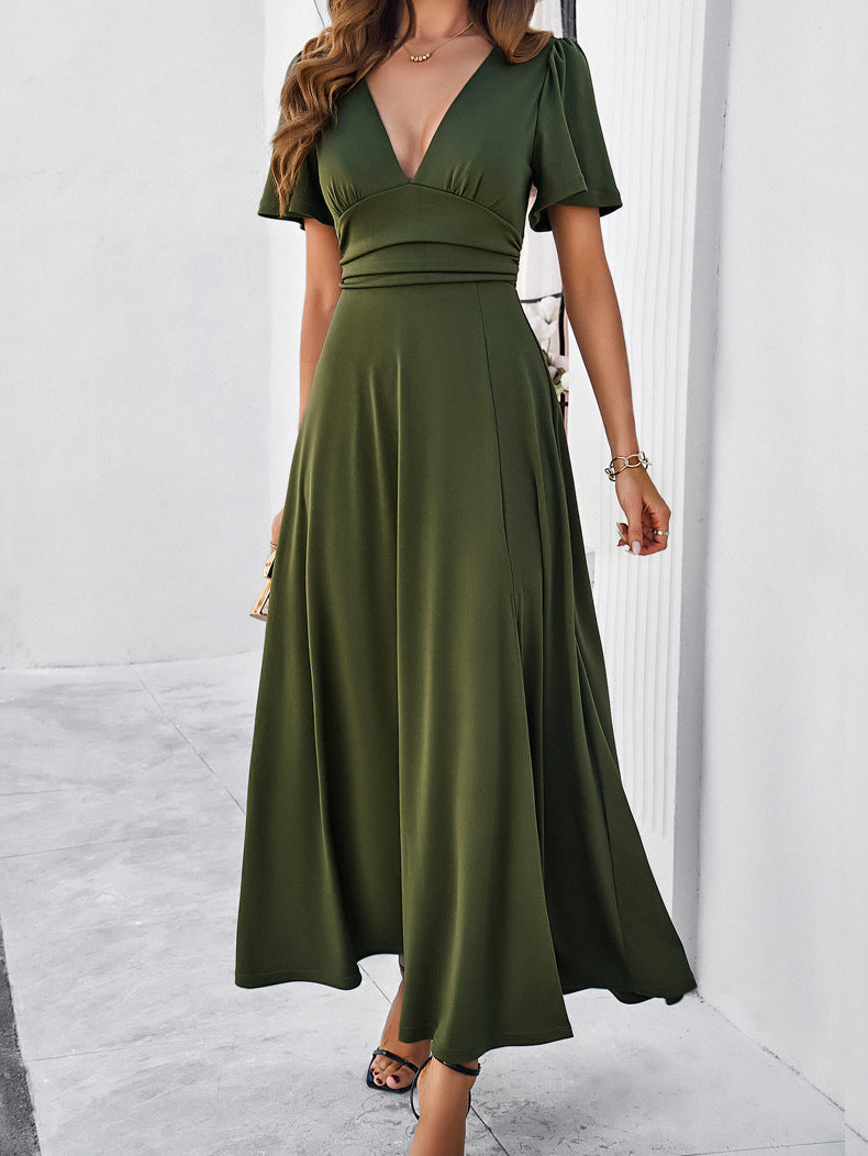 Solid Color Temperament Slit V-Neck Slim Dress