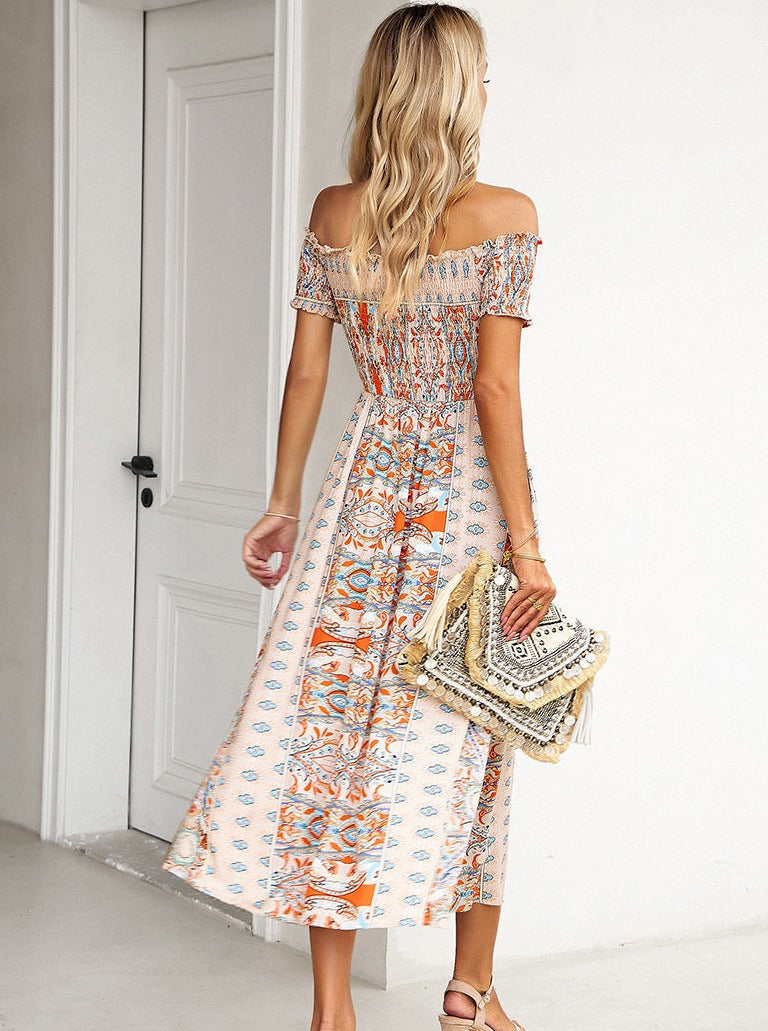 White Off Shoulder Bohemian Printed Dress