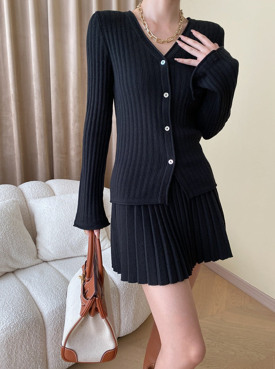 Black Two Piece Knitted Pleated Cardigan and Skirt Set
