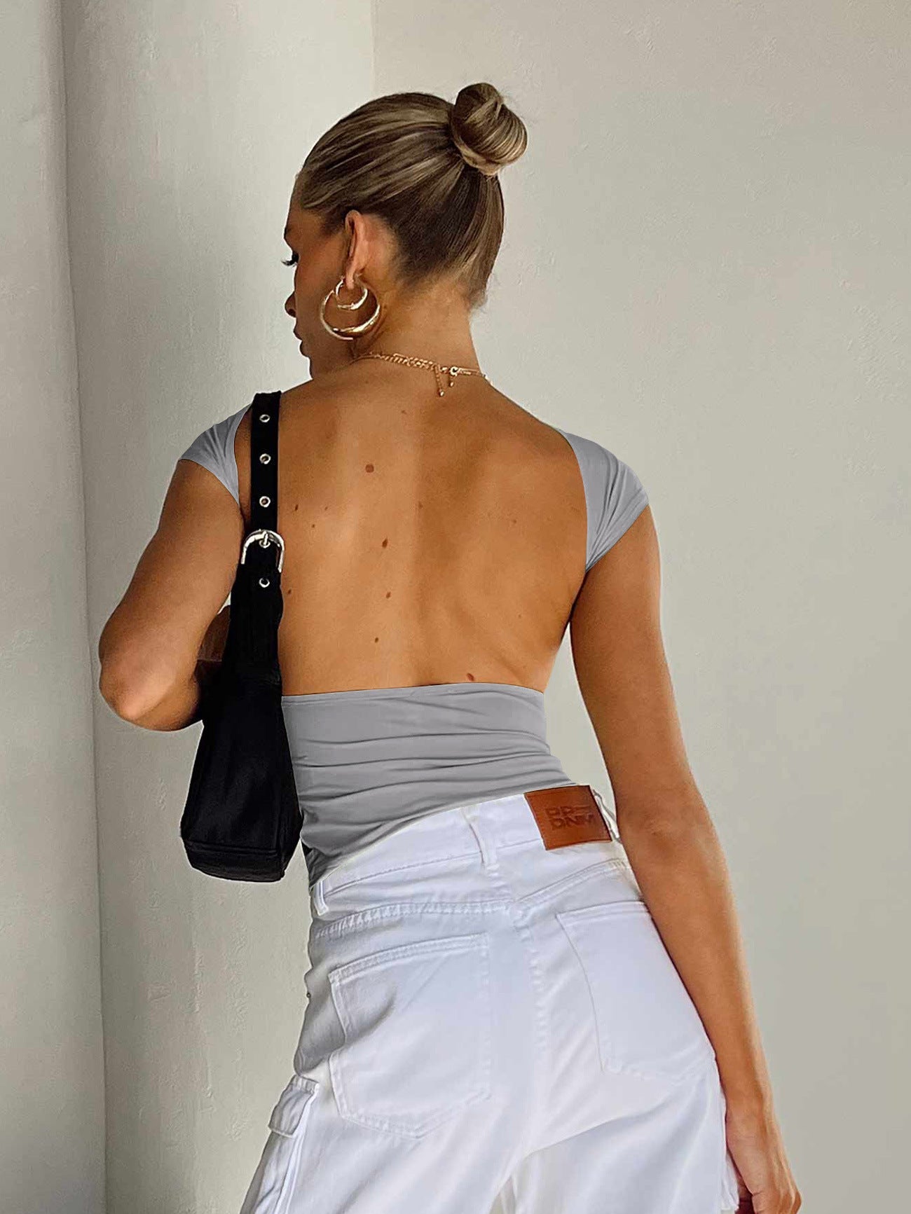 Light Gray Sexy Backless Slim Breathable Short Sleeve Shirt