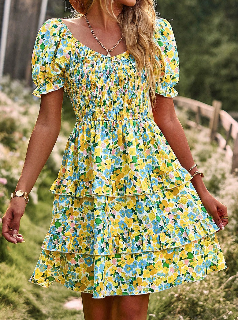 Yellow V-Neck Off Shoulder Floral Printed Cake Skirt Dress