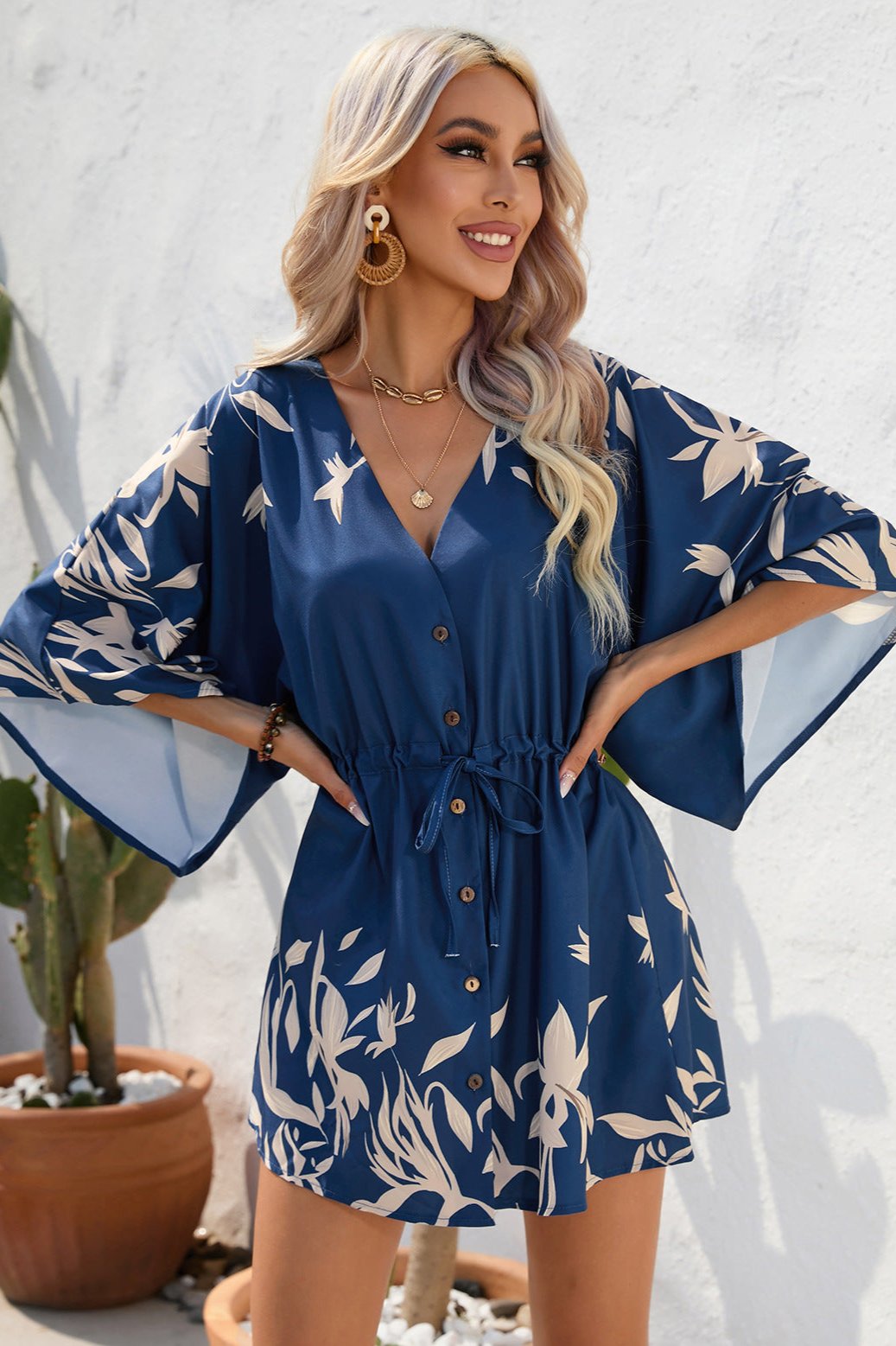 Tropical Deep Blue Printed Half Sleeve Mini Dress