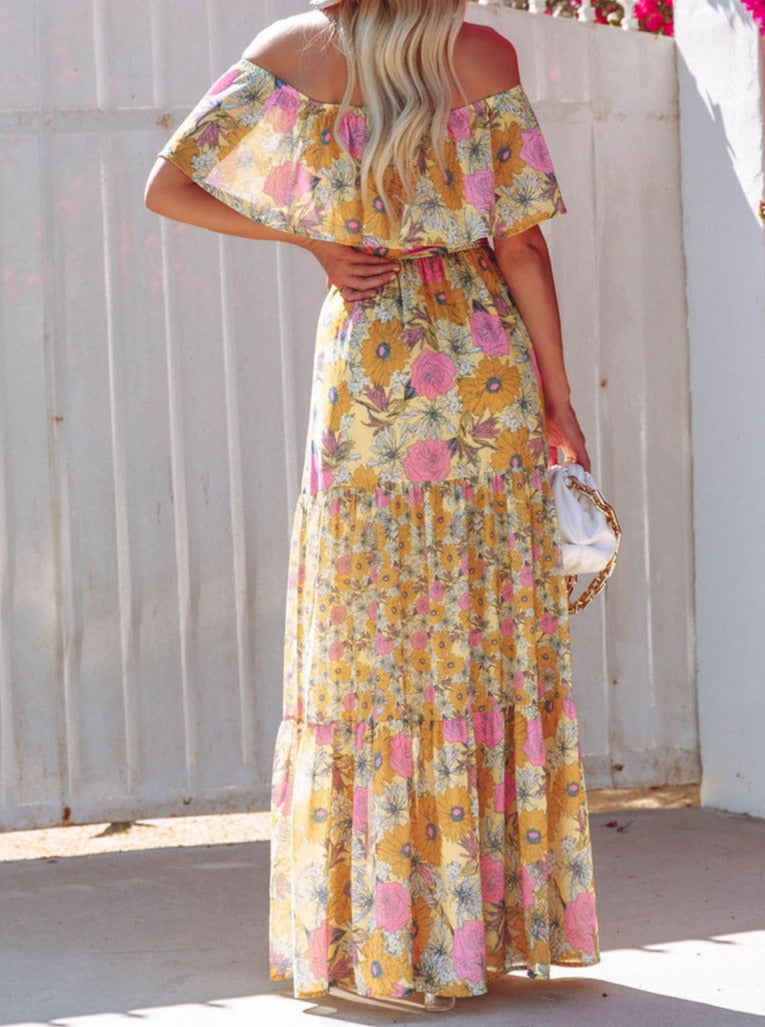 Yellow Floral Retro Printed Off Shoulder Maxi Dress