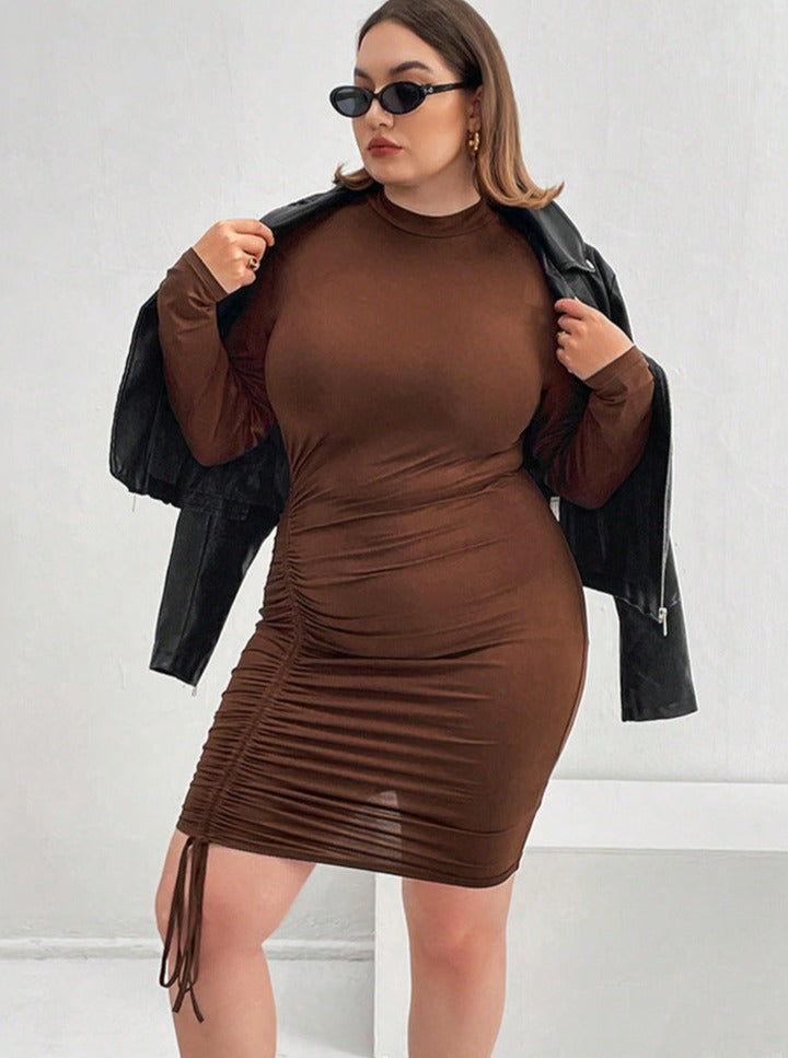 Brown Sexy Plus Size Long Sleeve Slimming Waist Hip Dress