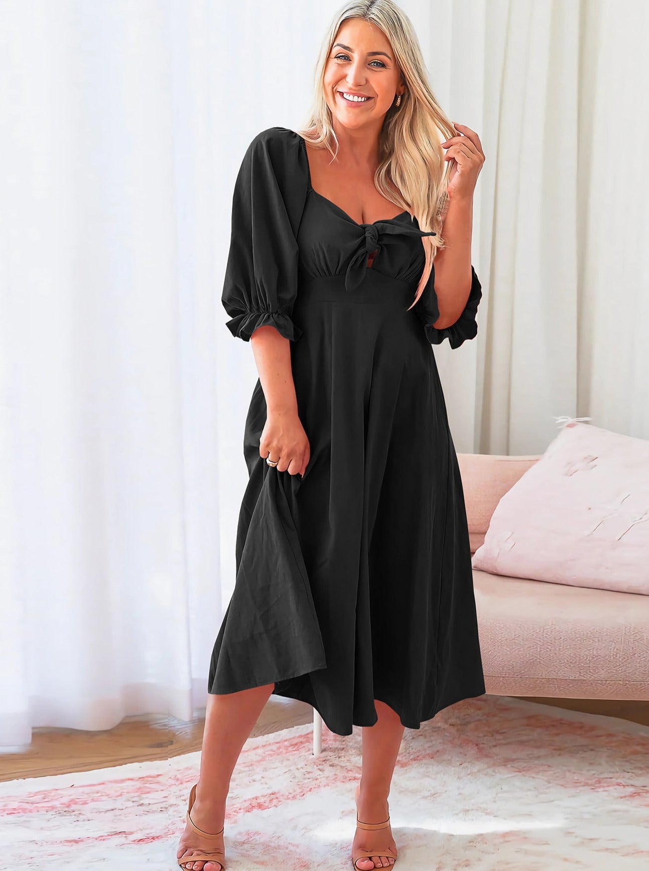 Square Neck Knotted Puff Sleeves Cutout Casual Summer Dress