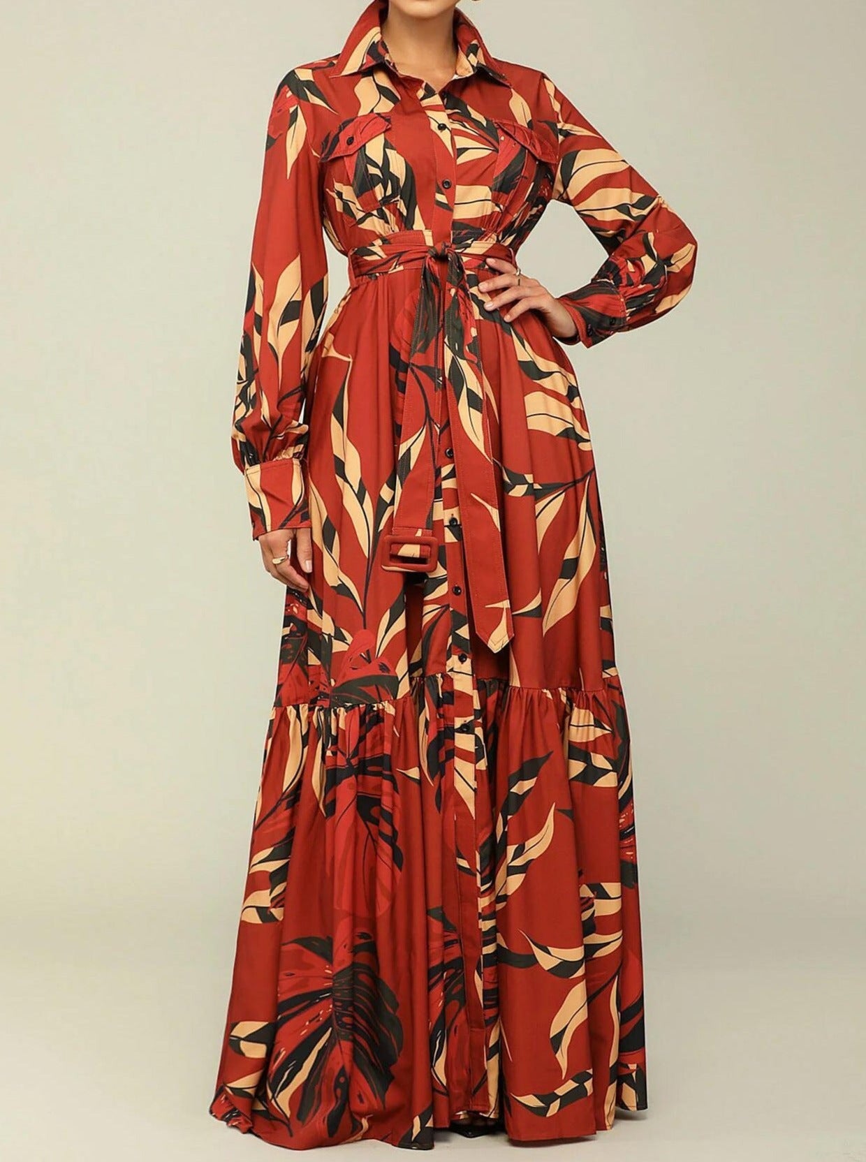 Women's Lapel Tie Printed Long-Sleeved Long Dress