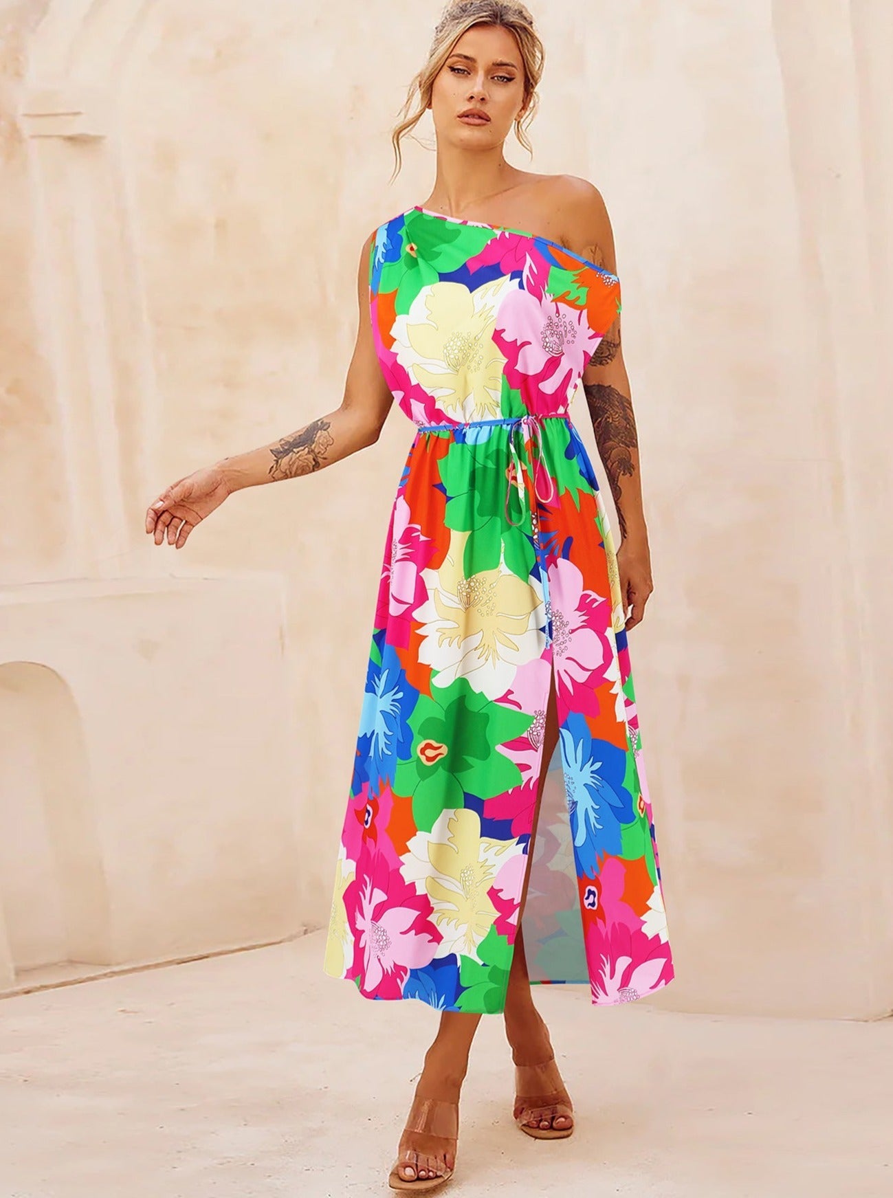 Floral Print Slant Shoulder Belted Long Dress