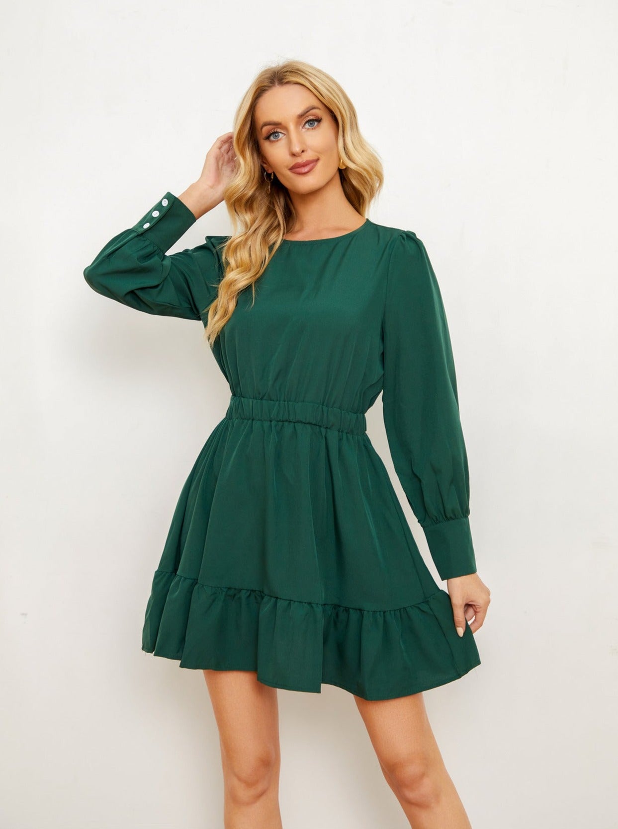Solid Color Ruffle Long Sleeve Short Dress
