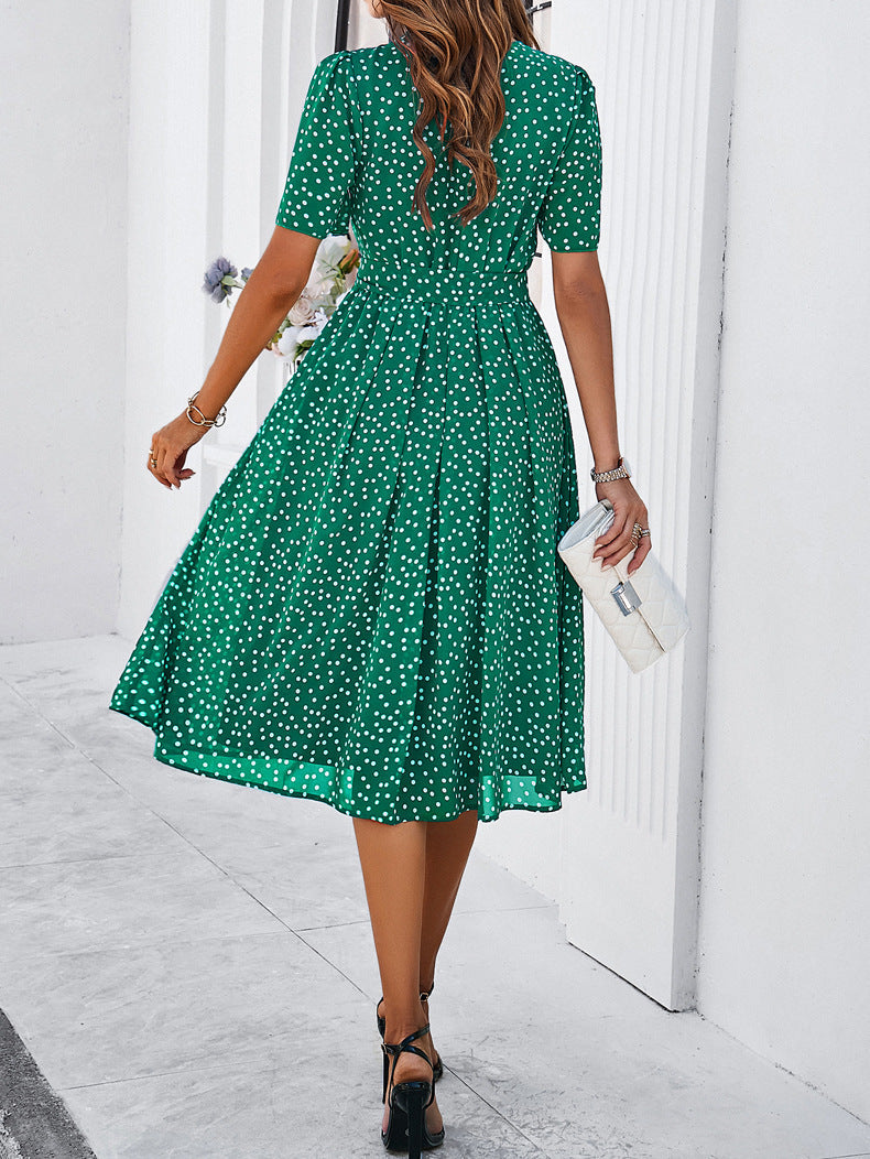Grünes, elegantes, lässiges Kleid mit Tupfenmuster und Temperament 