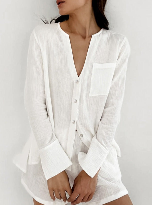 Comfy Two-Piece Set V-Neck Long-Sleeve Button Down Shirt Casual Short
