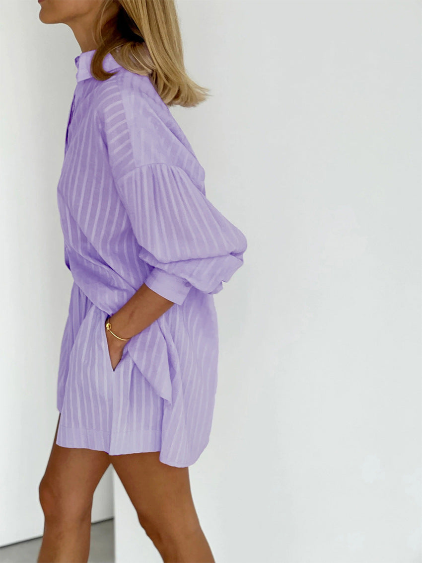 Purple Two Piece Striped Loose Shirt Elastic Waist Short Set
