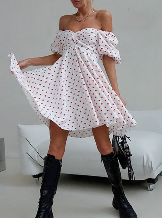 Heart Printed Off-Shoulder Loose Mini Dress