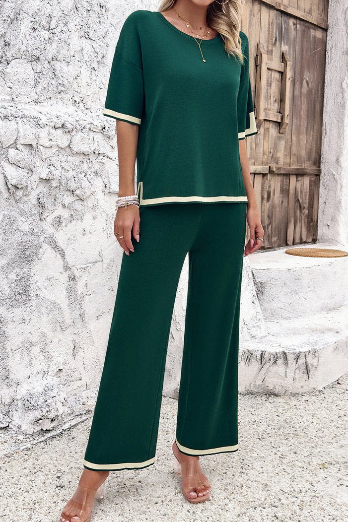 Ensemble haut et pantalon tricotés à manches courtes vert chic et décontracté 