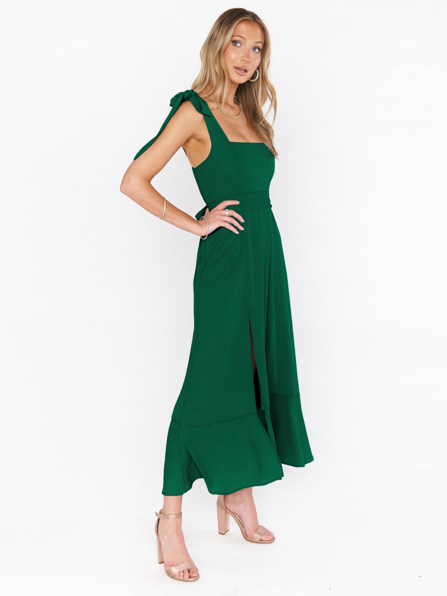 Elegant Solid Color Square Neck Midi Dress