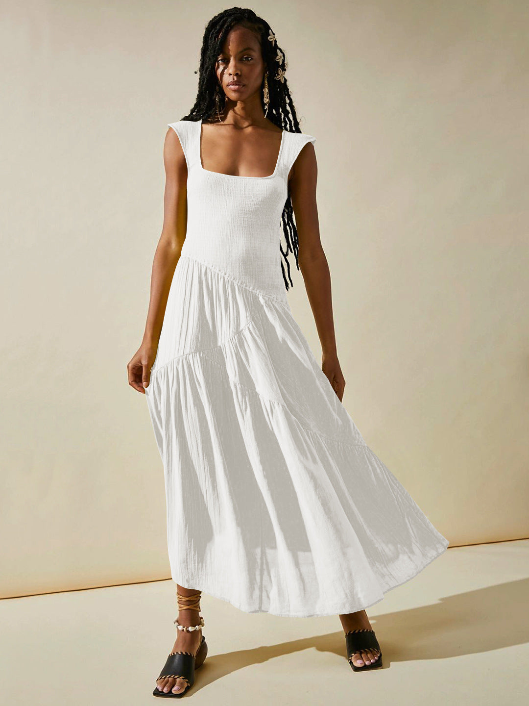 White Square Neck Pleated Sleeveless Waist Dress