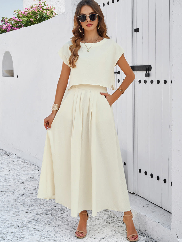 White Casual Sleeveless Top and Flared Long Skirt Suit