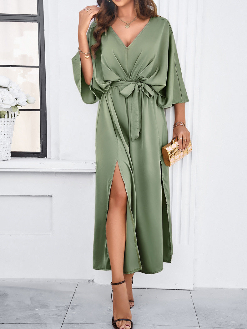 Green Elegant V-Neck Temperament Loose Dress