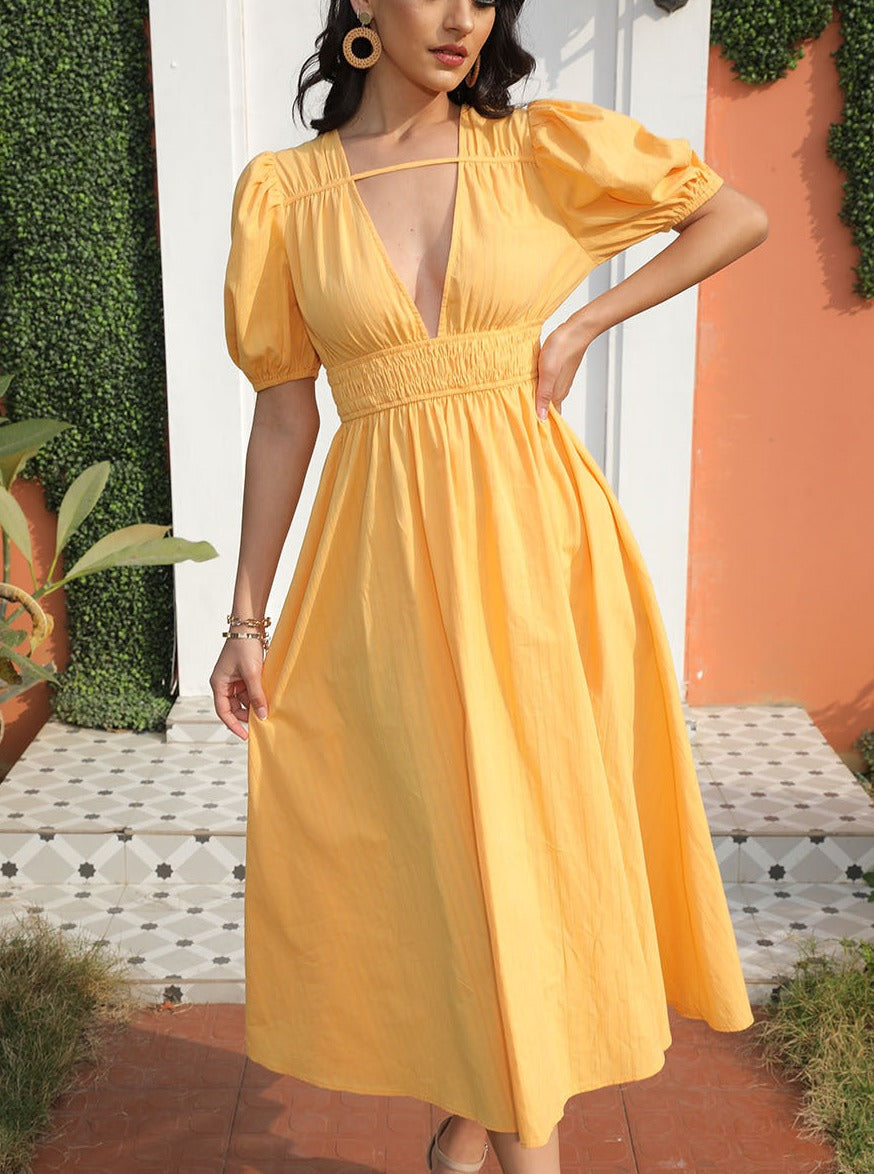 Gelb-oranges Sommerkleid mit Puffärmeln und V-Ausschnitt 