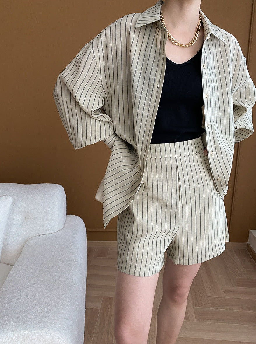 French Stripe Long-Sleeved Shirt and Shorts Set