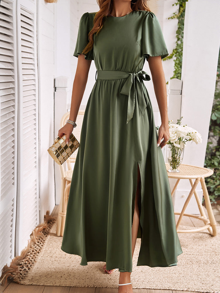 Green Cross-Border Short Sleeve Slit Dress