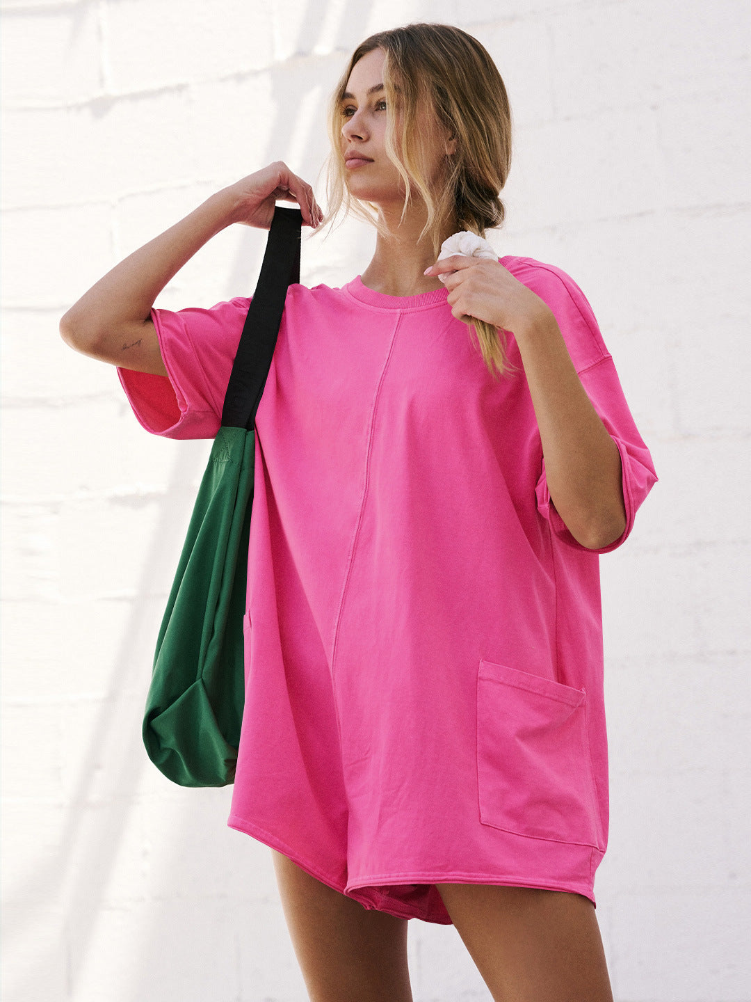 Pink Short Sleeve Pocketed Backless Rompers
