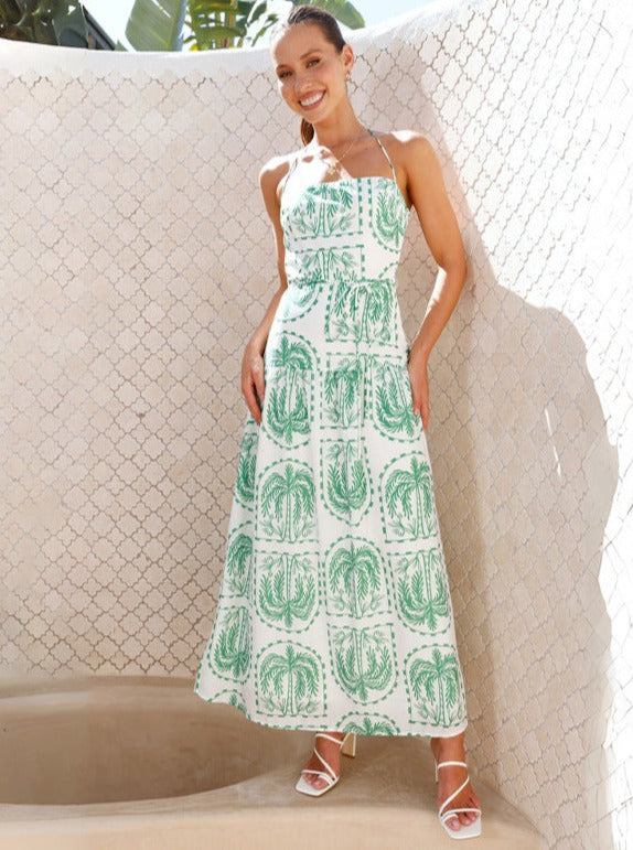Green Floral Halter Neck Maxi Dress
